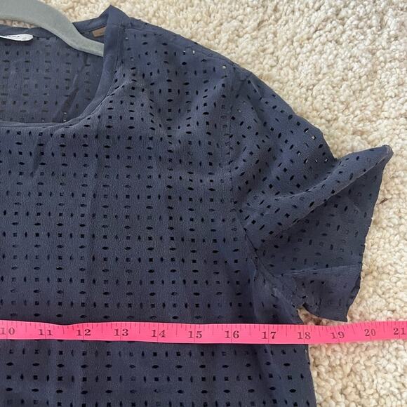 Equipment Femme Navy Blue Silk Perforated Cutout Short Sleeve Blouse XS - Picture 7 of 8